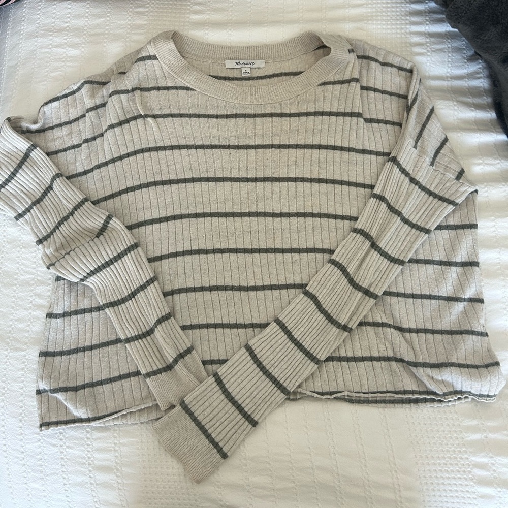 Madewell Beige and Dark Green Striped Sweater